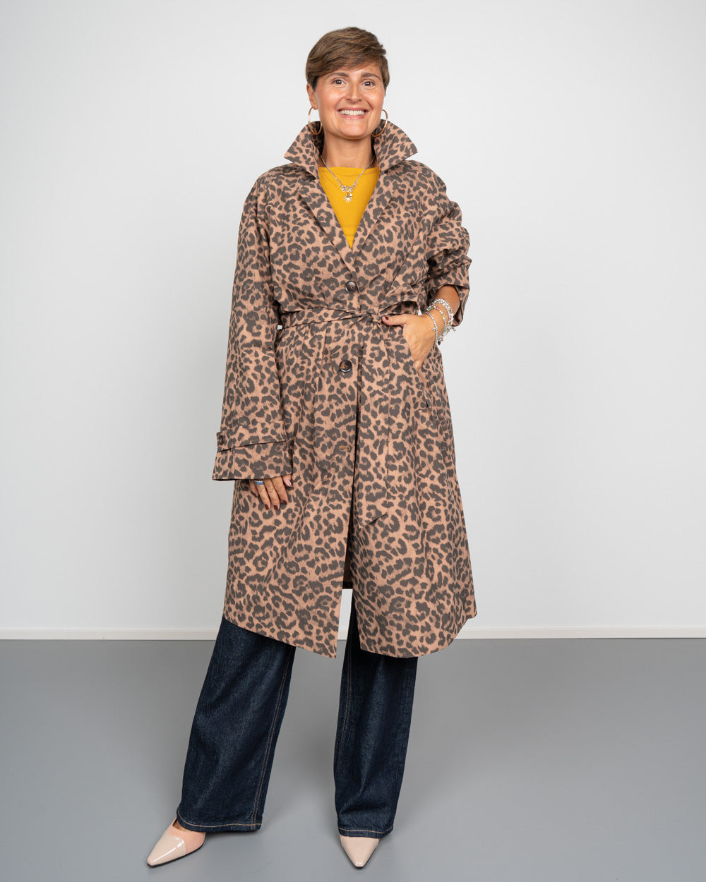 TRENCH FETINA NERO LEOPARDATO